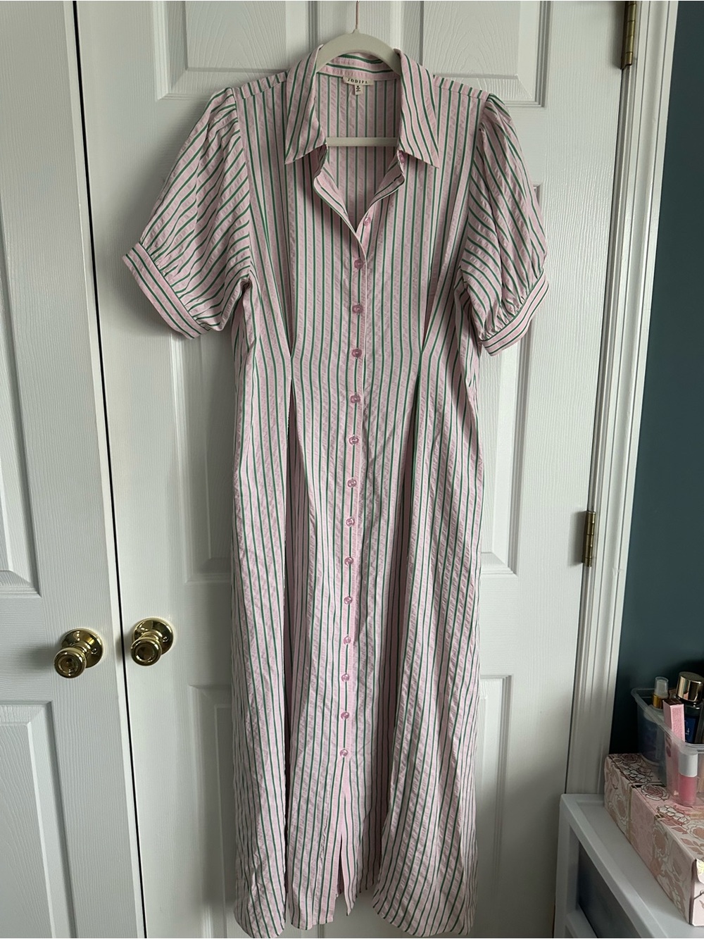 JODIFL Pink and Green Striped Button-Front Dress